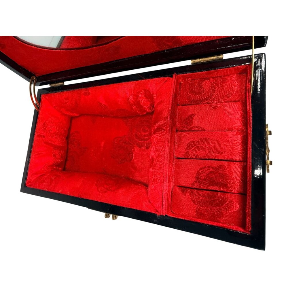 Vintage Oriental Wood Laquer Jewelry Box Red Silk Lining Mirror Carved Top - Picture 7 of 16